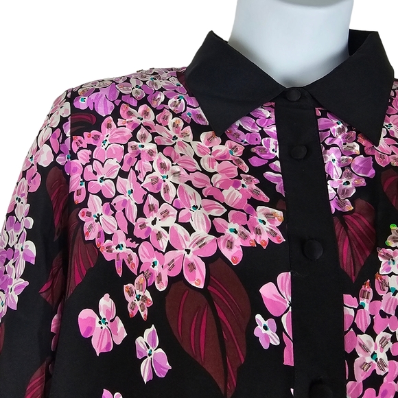 Bob Mackie Wearable Art Floral Beaded Blouse Pink and Black Women's Size Large - Picture 3 of 15